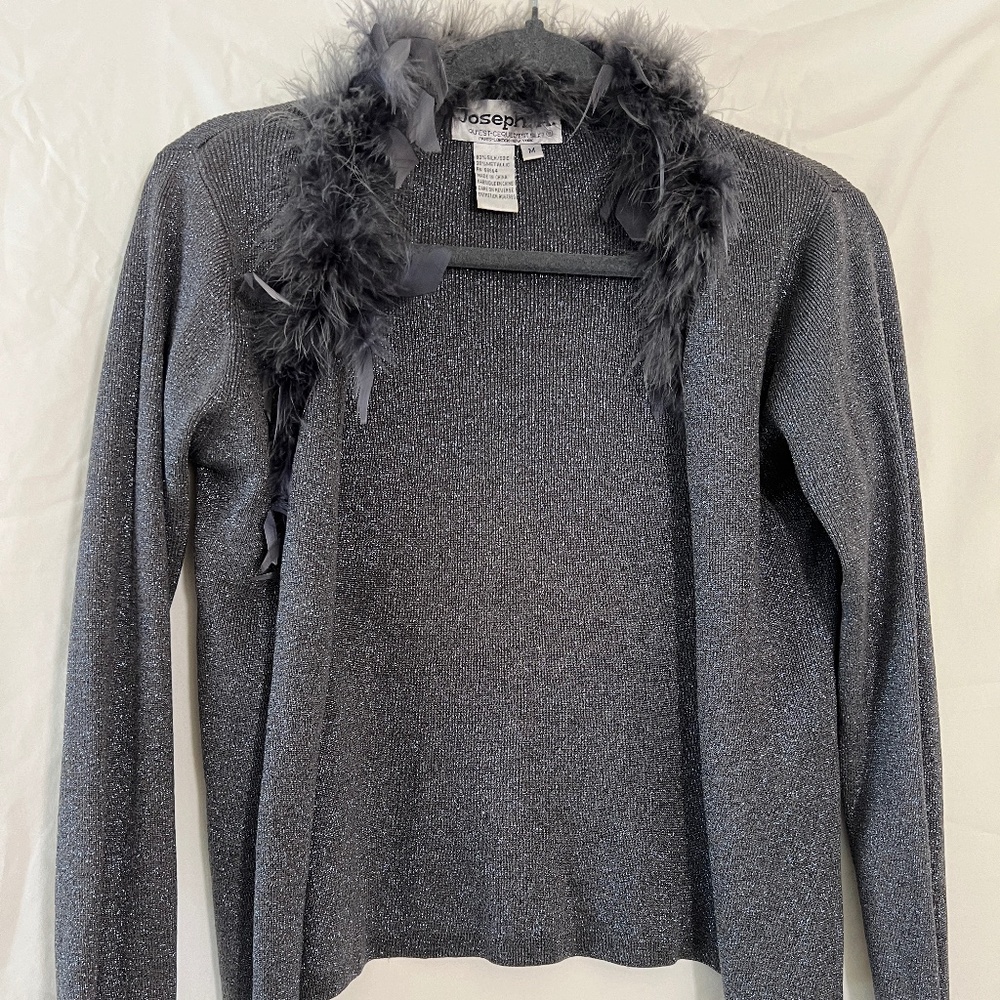 Joseph A. Vintage 90s Silk Blend Metallic Gray Cardigan Feather Size M.